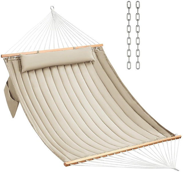 CHULIM Double Quilted Fabric Hammock with Hardwood Spreader Bars and Pillow 450 LBS Capacity 2 Person Hammock Large Hammock for Outdoor Patio Backyard Poolside - Tan