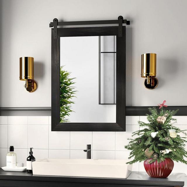 COGOOD Farmhouse Barn Door Mirror - 21 x 30 Rustic Wood Framed Wall Mirror for Bathroom, Living Room, Entryway Wall Decor (Black)