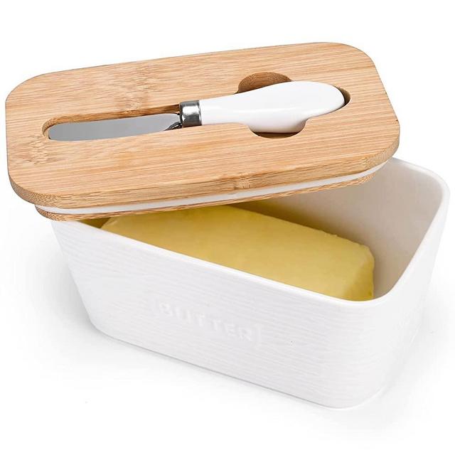 Butter Dish with Wooden Lid, MEKY Large Ceramic Butter Container Keeper Storage with Stainless Steel Butter Knife Spreader, Airtight Cover and Silicone Sealing Ring, White