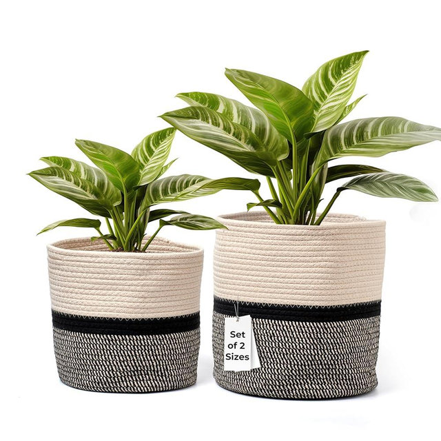 Hallops Woven Planter Basket - Indoor Plant Basket for Flowers Herbs Succulents - Multi-Use Storage Organizer - Set of 2 - Black & Light Brown - Stylish and Versatile Design