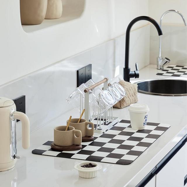 Ohocut Checkered Dish Drying Mat for Kitchen Counter, Coffee Bar, Coffee Station Accessories, Retro Aesthetic Aesthetic Modern Absorbent Coffee Mat Kitchen Drying Mat Easy Clean, Black 16" x 24"