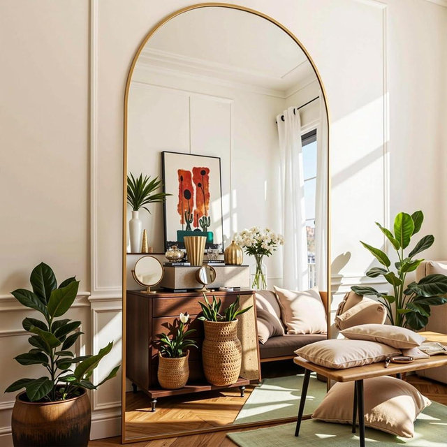 Furnbar Floor Mirror, 78"x38" Oversized Full Length Mirror with Stand, Arched Full Body Mirror Standing Hanging Leaning Against Wall, Aluminum Frame Giant Mirrors for Bedroom Cloakroom, Gold