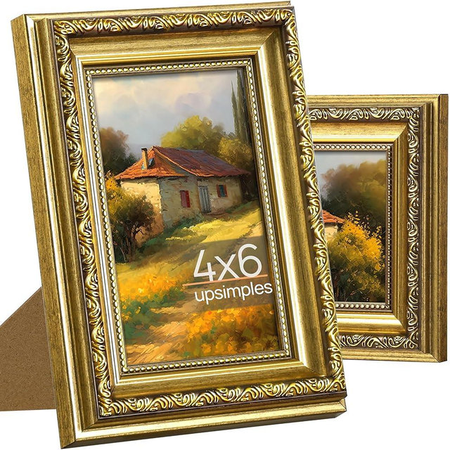 upsimples 4 x 6 Picture Frame with Real Glass, 2 Pack Ornate Vintage Picture Frames for Wall or Tabletop Display, Gold 4 x 6 Frame for Wall Décor