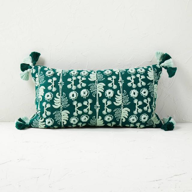 Palm Leaf Embroidered Lumbar Throw Pillow Green - Opalhouse™ designed with Jungalow™