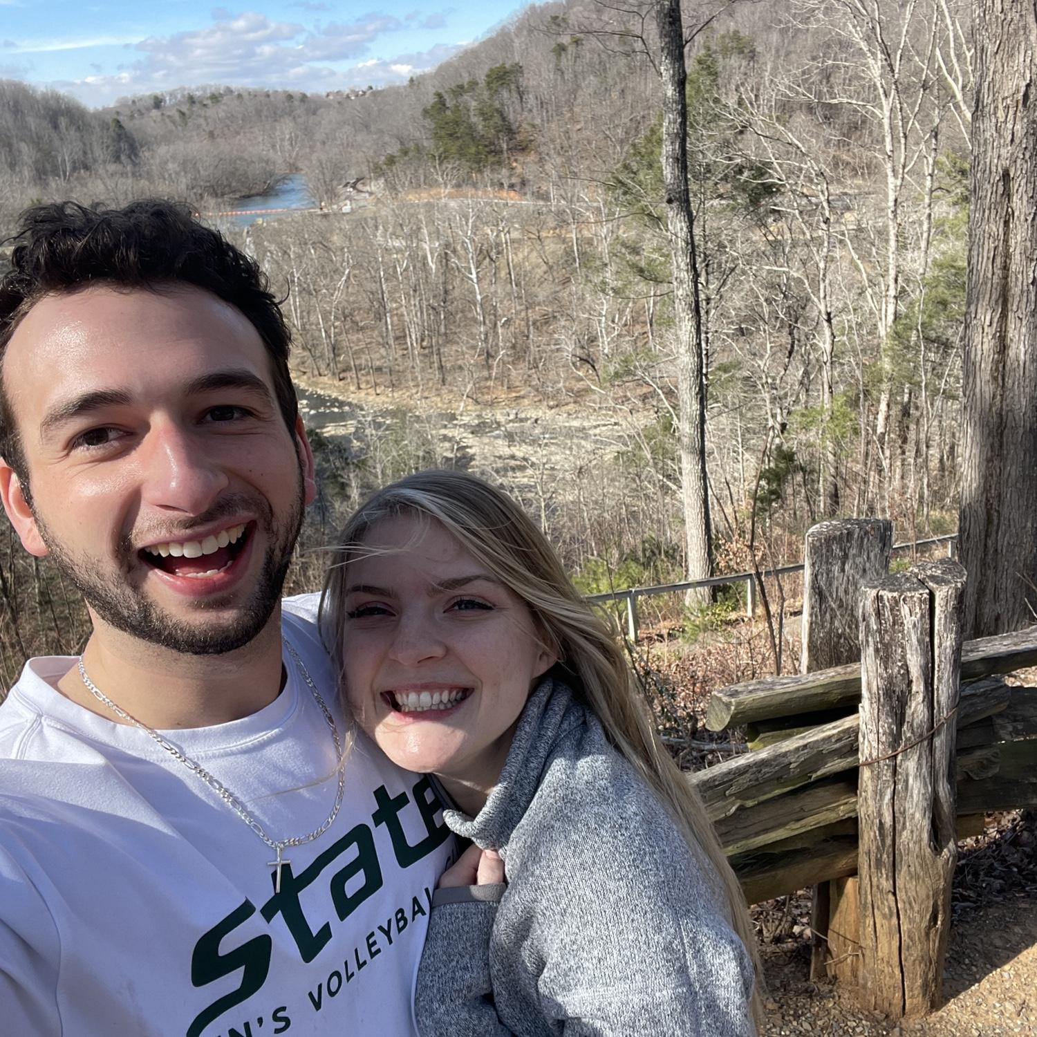I honestly forget where this is. But we look good, so I added it. So many pretty hikes.

(Emily here: it’s the Blue Ridge Parkway. A few hours pre-engagement, so James had other things on his mind)