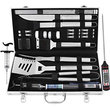 grilljoy 24PCS BBQ Grill Tools Set with Meat Thermometer and Injector - Extra Thick Stainless Steel Spatula, Fork& Tongs - Complete BBQ Accessories in Aluminum Case - Perfect Grilling Tool Set Gift