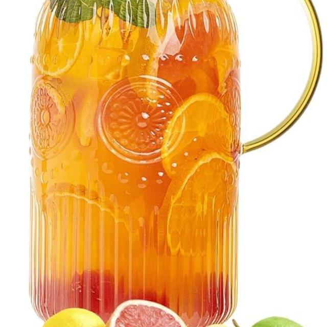 Amzcku Glass Pitcher with Lid, 68 oz/ 2 Liter Vintage Water Pitcher,Glass Water Carafe for Cold Brew, Coffee, Lemonade, Iced Tea,Beverage, Heat Resistant Water Glass Jug 1Pack