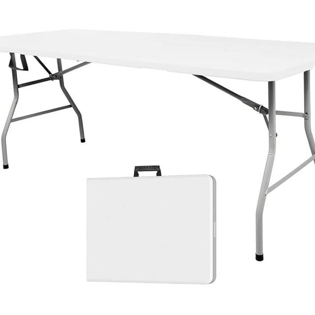 FWTI DEAL 6FT Plastic Folding Table,Portable Foldable Table Outdoor Picnic Table Camping Table for Party,Wedding,Kitchen,BBQ,w/Handle,Lock-White