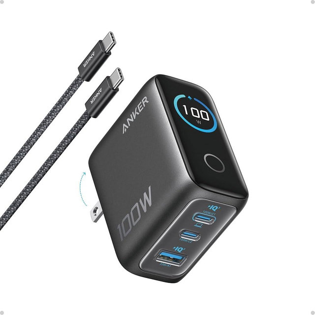 Anker Charger, 100W Max Ultra-Compact 3-Port GaN USB C Charger Block with Smart Display and Touch Control, Fast Wall Adapter for iPhone 17/16 Series, iPad, MacBook (Include Charge Cable, Non-Battery)
