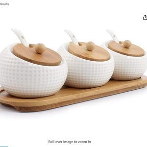 Porcelain Condiment Jar Spice Container with Lids - Bamboo Cap Holder Spot, Ceramic Serving Spoon, Wooden Tray Best Pottery Cruet Pot for Your Home, Kitchen, Counter. White,170 ML (5.8 OZ), Set of 3