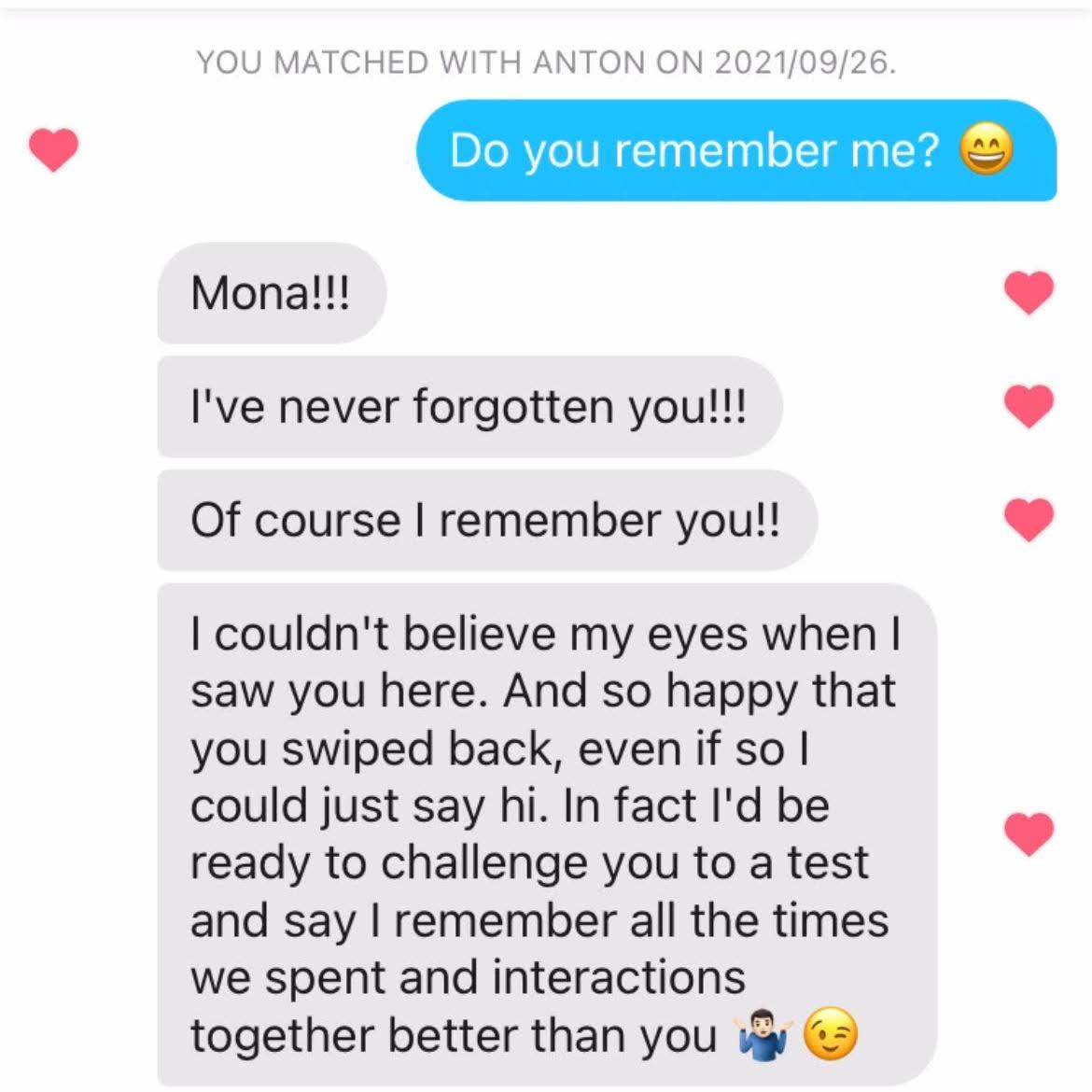 After losing touch for over a decade, these were the first messages Anton and Mona exchanged.