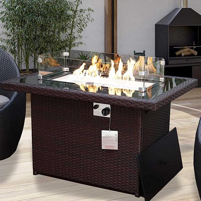 43'' Outdoor Patio Propane Gas Fire Pit Espresso PE Wicker Fire Table for Outside 55,000 BTU Auto-Ignition Dual Heating Firepit Tempered Glass Tabletop CSA Certificated with Wind Glass & Table Cover