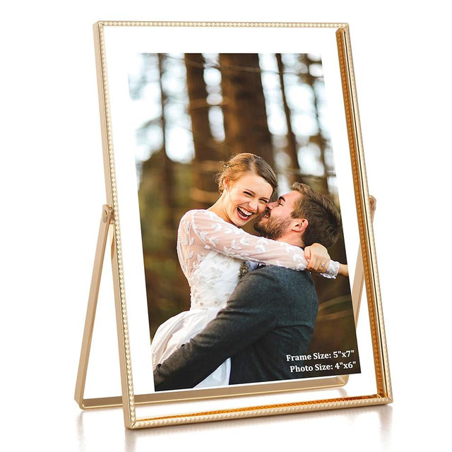 RICHFOCUS 5x7 Floating Picture Frame, Floating Display for 3.5x5 4x6, Beaded Metal Picture Frames with Real Glass, Tabletop Photo Frame for Multiple Size up to 5x7 Inch, for Home Decor, Gold 1PC