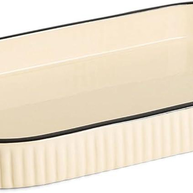 Preston Lane Signature Ceramic Tray – Handmade in Portugal with Fluted Edges & Hand-Painted Trim – Decorative Organizer or Home Accent, Large, Alabaster