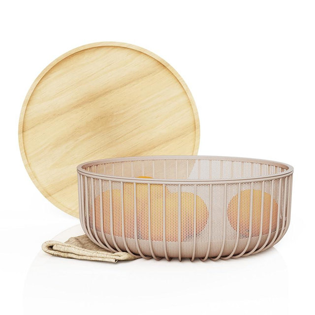 LIBKEN Metal Fruit Bowl Basket with Wooden Lid - Fruit and Vegetable Holder For Kitchen Counter - Countertop Display Baskets Organizer - Bowl Storage for Veggie, Fruits, Snack, and Banana - Peach