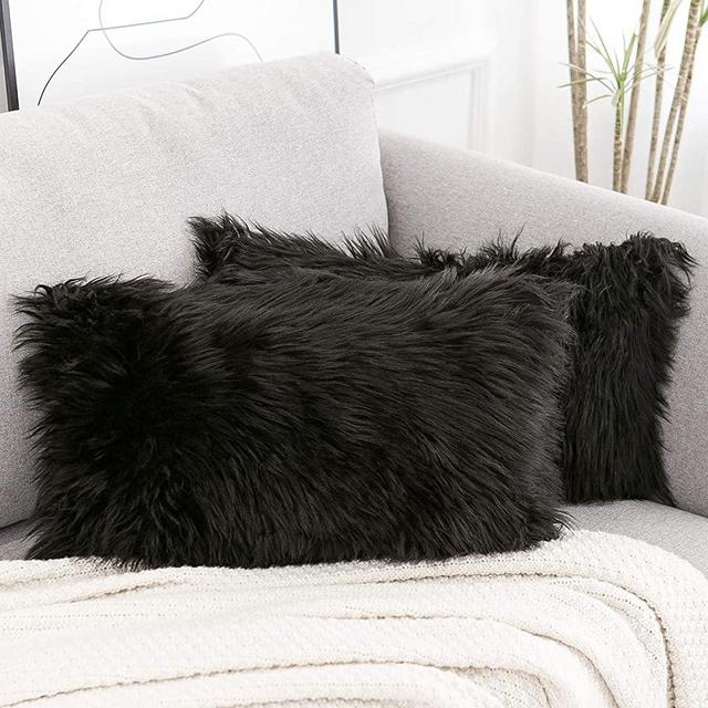 WLNUI Set of 2 Decorative Lumbar Black Fluffy Pillow Covers New Luxury Series Merino Style Faux Fur Throw Pillow Covers Fuzzy Cushion Case 12x20 Inch