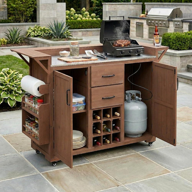 Tdewlye Modern 60.2''W Outdoor Kitchen Island with Wheels, Rolling Patio BBQ Kitchen Cart with Stainless Steel Top, Wood Grill Cart with Spice Rack&Wine Rack,2 Drawers (Brown-M1)