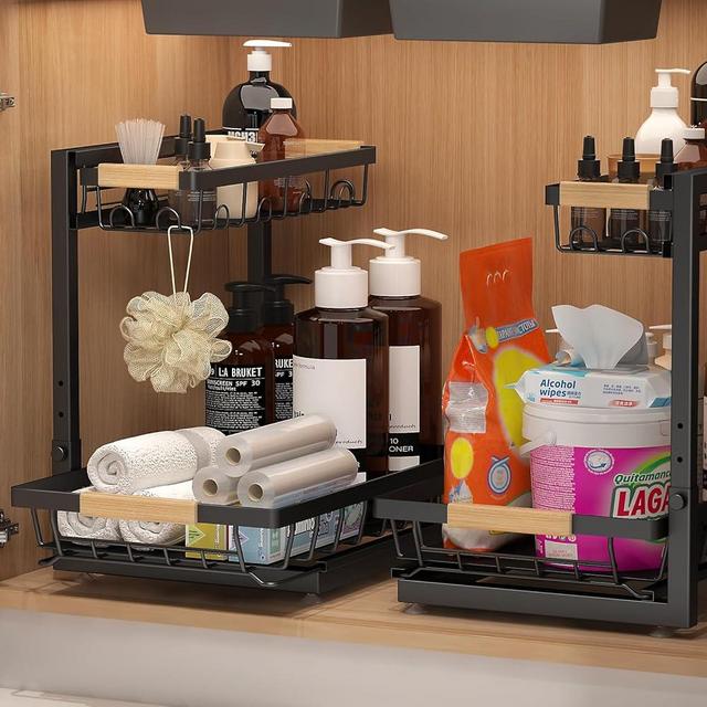 Sevenblue 2 Packs Under Sink Organizer, High Adjustable 2 Tier Under Kitchen sink organizer, Multi-Purpose Storage Shelf for Kitchen Bathroom Cabinet, Black