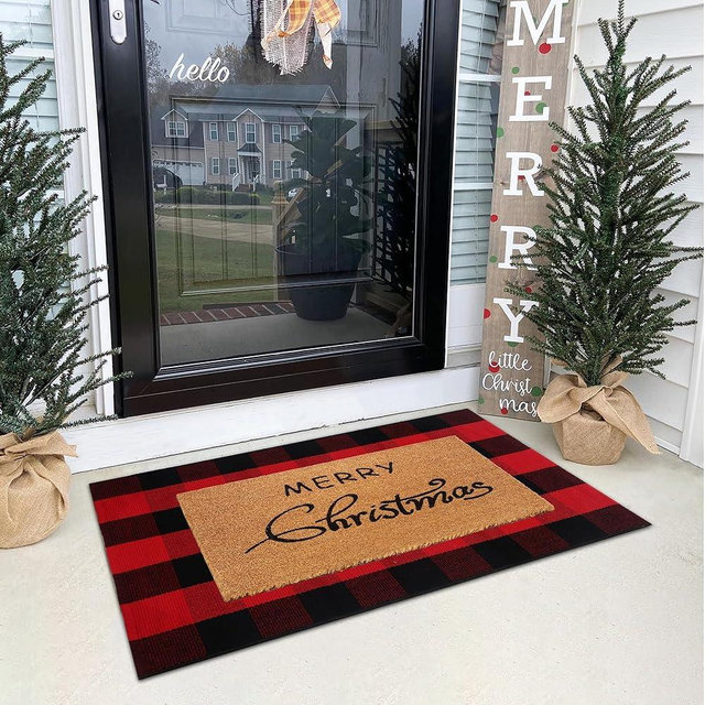 Christmas Door Mat Combo Set - 100% Coco Coir Welcome Mat + 28 x 43 Inch Red and Black Plaid Rug, New Year Holiday Christmas Collection Doormat for Front Porch Entryway Decorative