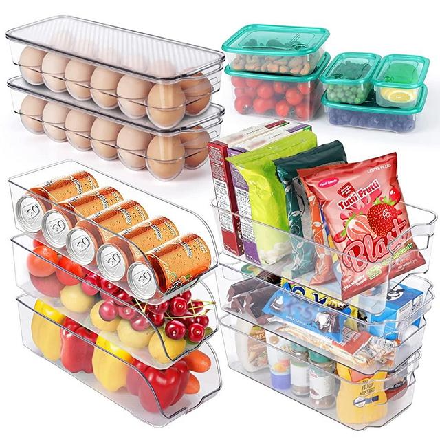 ZNM Refrigerator Organizer Bins, 13 Pack Stackable Clear Plastic Fridge Organizers with Handle for Freezer, Cabinet, Countertops, Kitchen Pantry Organization - BPA Free Food Storage Container