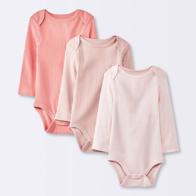 Baby Girls' 3pk Long Sleeve Bodysuit - Cloud Island™ Pink 3-6M: Cotton, Midweight, Crotch Snap