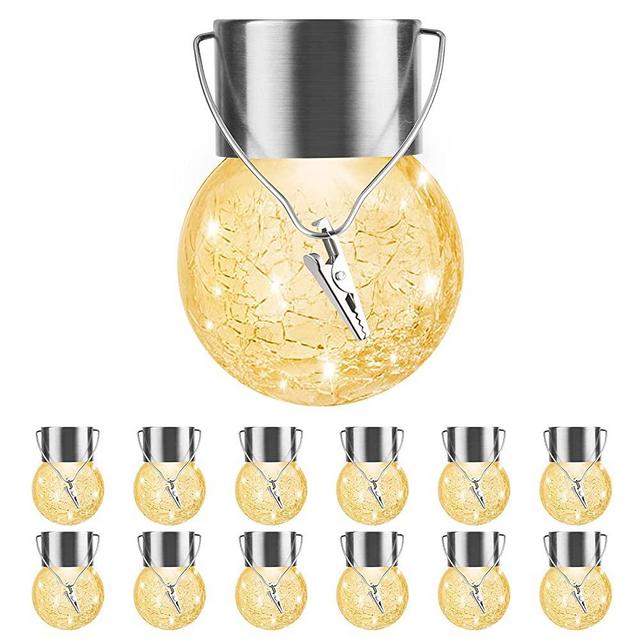12 Pack Hanging Solar Lights Outdoor Decorative, Waterproof Solar Globe Lantern with Handle and Clip, Solar Powered Cracked Glass Ball Lights for Garden Yard Patio, Fence Tree Umbrella, Holiday Decor