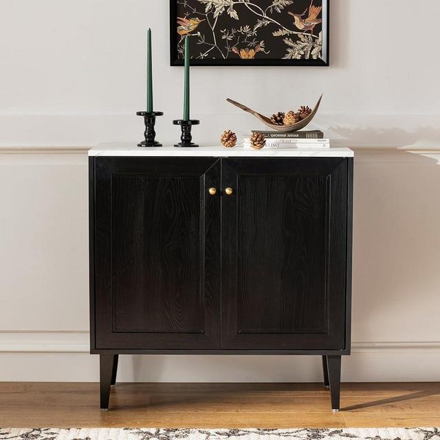 EYYTHUNG Black Storage Cabinet, Sideboard Buffet Cabinet Modern Accent Cabinet with Faux Marble Top & Adjustable Shelves, Wooden Credenza, Console Table Entryway Cabinet for Living Room