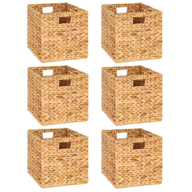 M4DECOR Foldable Water Hyacinth Basket, Wicker Storage Cubes, Wicker Baskets for Storage, Wicker Storage Baskets for Shelves, Wicker Cube Storage Bins for Bedroom, Living Room, Nursery Room (6 Packs)