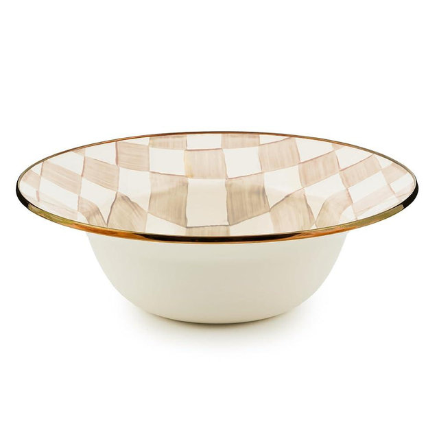 MACKENZIE-CHILDS Enamel Serving Bowl, Enamel Serveware Bowl, 12 Inches, Brown-and-White Mocha Check