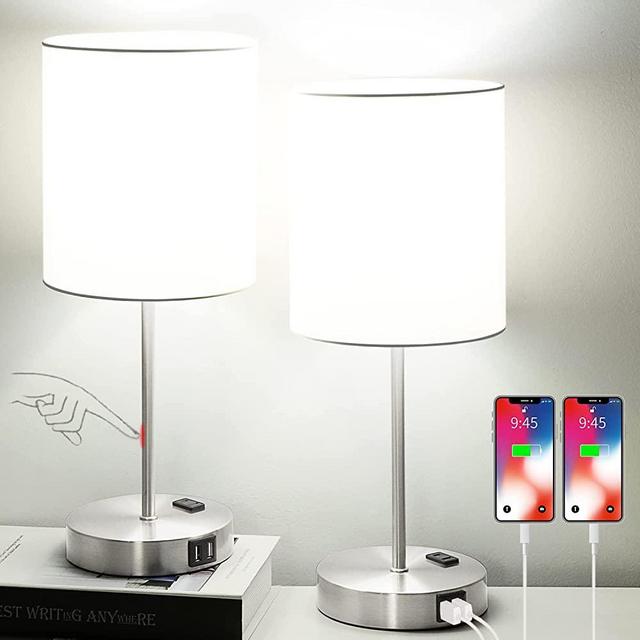 【Upgraded】Set of 2 Touch Control Table Lamps with 2 USB Ports & AC Outlet, 3-Way Dimmable Bedside Nightstand Lamps for Living Room Nursery Office Bedroom, E26 800 Lumens 5000K Daylight Bulbs Included