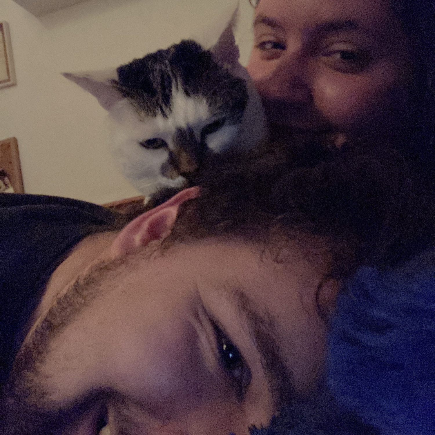 This is what most days look like for us. A cat doing their best job to snuggle both of the humans