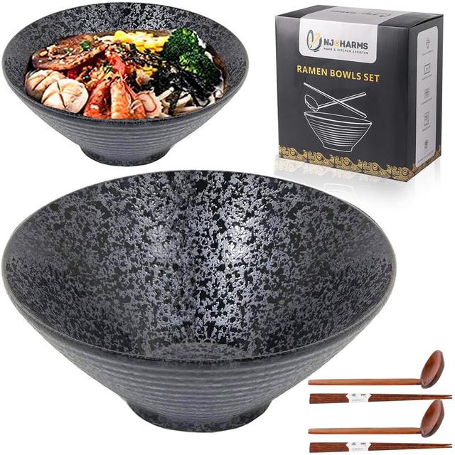 Ceramic Japanese Ramen Noodle Soup Bowl, 2 Sets (6 Piece) 60 Ounce, with Matching Spoon and Chopsticks for Udon Soba Pho Asian Noodles, Large