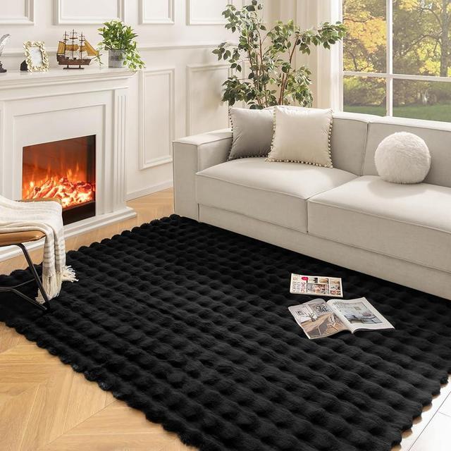 Ashler Faux Rabbit Fur Rug, Black 6x9 FT Fluffy Soft Area Rug, Rectangle Fuzzy Carpet for Living Room, Bedroom, Machine Washable Shaggy Nursery Rug - 3D Bubble Rug