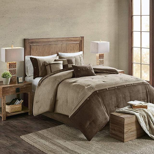 Madison Park Boone Comforter Set-Rustic Cabin Lodge Faux Suede Design All Season Down Alternative Cozy Bedding with Matching Bedskirt, Shams, Decorative Pillow, King(104"x92"), Brown 7 Piece