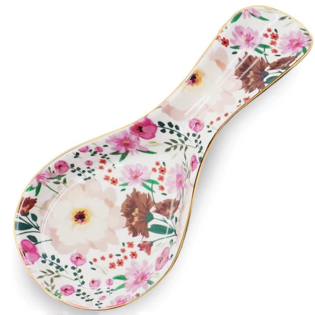 LEAZUL Ceramic Spoon Rest for Stove Top Large Spoon Holder Farmhouse Spoon Holder for Kitchen Counter Floral Coffee Spoon Rest Flowers Print Cooking Utensil Tools Rest Kitchen Decor Pink White