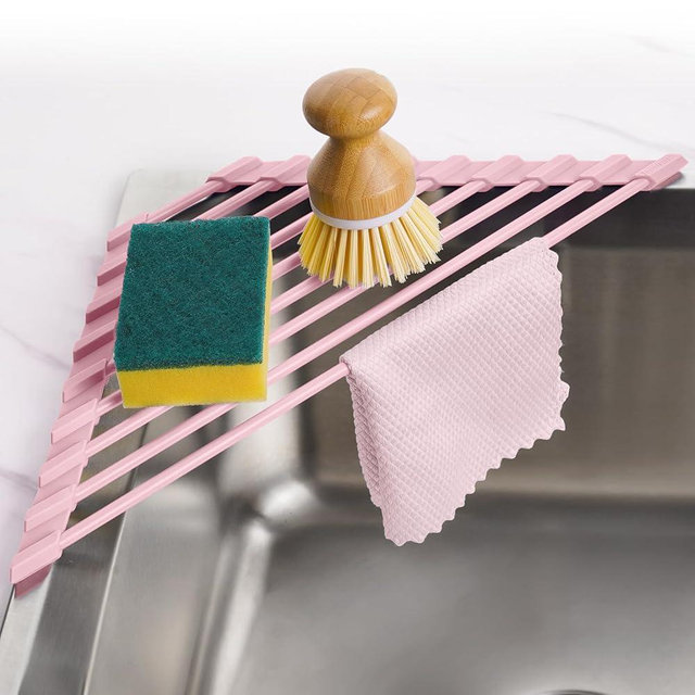 Tomorotec Compact Silicone-Coated Triangle Dish Drying Rack for Sink Corner - Foldable Stainless Steel Over-The-Sink Organizer and Storage Shelf (Pink)