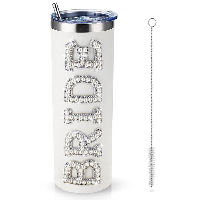 Zhehao Bride Tumbler Cups 20 oz Bachelorette Tumblers Stainless Steel MRS Tumblers with Lid Straw Bride Gifts Bride Cup Rhinestone for Gift Bridal Shower Engagement Party(White, Pearl Bride)