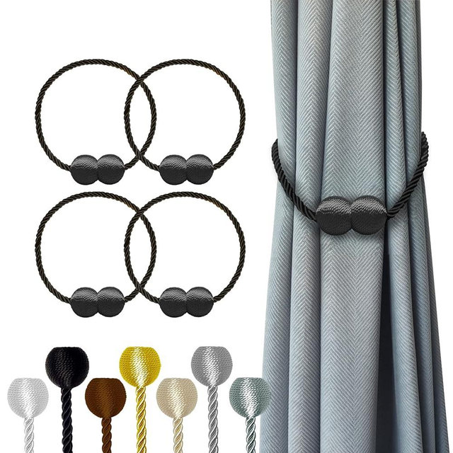 Hion Magnetic Curtain Tiebacks Black 4 Pack, Curtain Tiebacks Buckles Holdbacks Holders Hooks Clip for Home Bedroom Office Decorative Thick or Thin Curtain