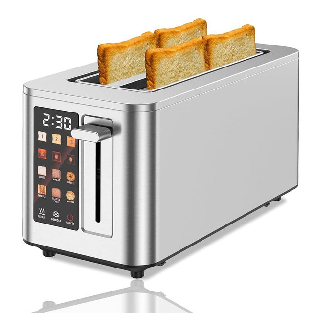 TAZTIR Touch Screen Toaster 4 Slice, 4 Bread Types, 4 Shade Settings, LCD Display, Extra Wide 1.5" Slots, Memory Function, 1400W，16.54 * 8.66 * 7.48inch