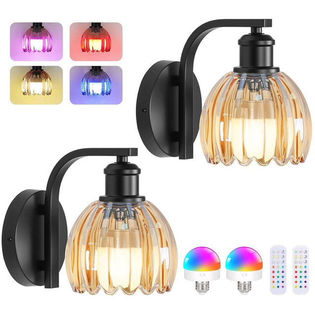 VerRon Rechargeable Battery Operated Wall Sconce Set of Two with Amber Glass Lampshade, Wireless Wall Scone Decor with Remote Control, 15 Colors Black Wall Light for Bedside Hallway Bedroom Doorway
