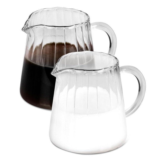 Loscarol 2 Pcs Creamer Pitcher Elegant Wave Shaped Glass Creamer Pitcher, Coffee Milk Creamer Pitcher, Glass Tea Pitcher, Serving Milk Frothing Pitcher, Milk Frother Cup Creamer Jug for Kitchen 8.5 oz