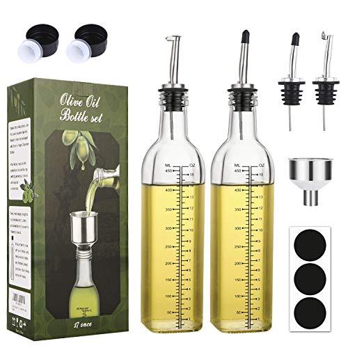 [2 PACK]Aozita 17 oz Glass Olive Oil Dispenser Bottle Set - 500ml Clear Oil & Vinegar Cruet Bottle with Pourers, Funnel and Labels - Olive Oil Carafe Decanter for Kitchen