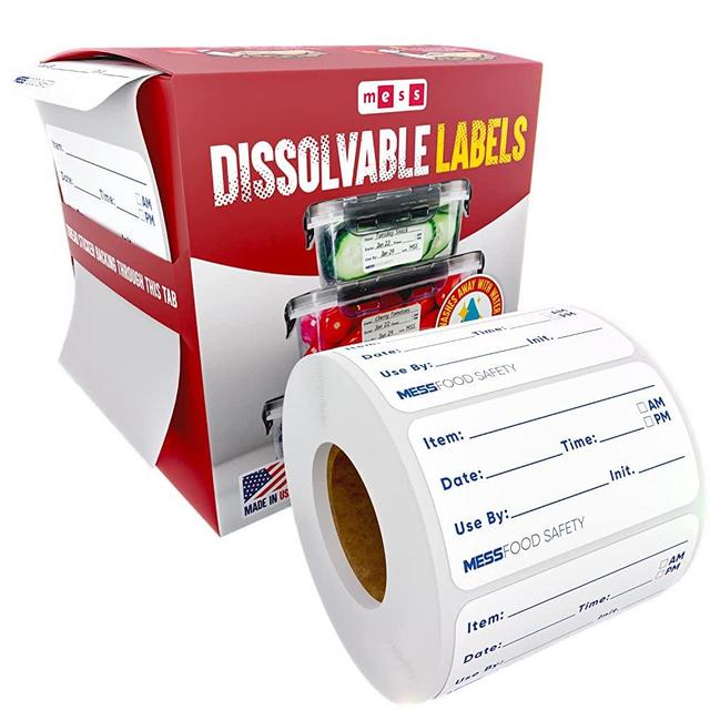 MESS Dissolvable Food Labels for Containers 1x2" Food Date Labels Stickers - Food Storage Labels - Removable Freezer Labels - Dissolvable Labels for Food Containers - Washable Canning Food Label (200)