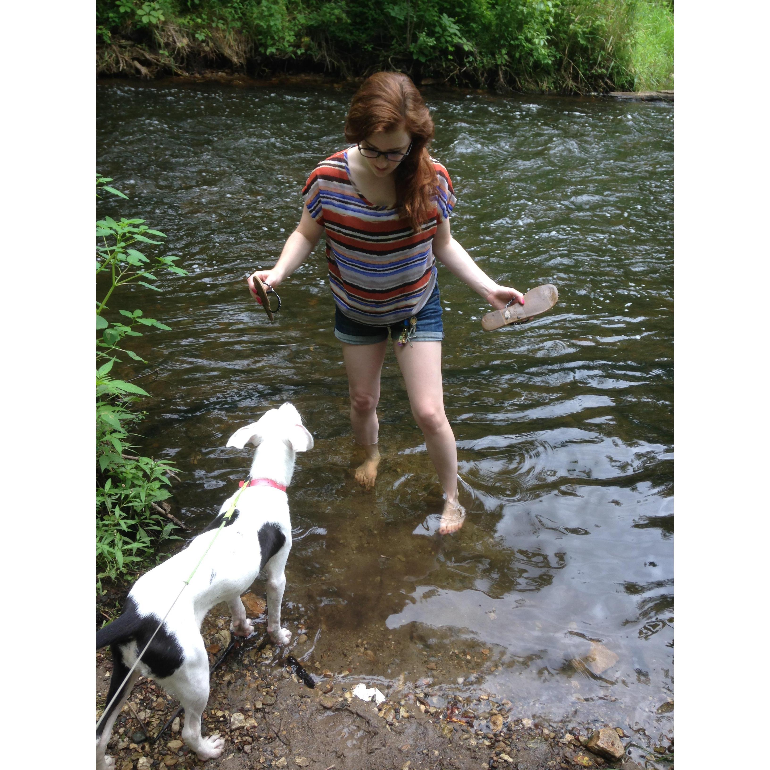 Taking Luna to Minnehaha Falls for the first time. Kyle had to convince her that the water was okay to go in. 2016