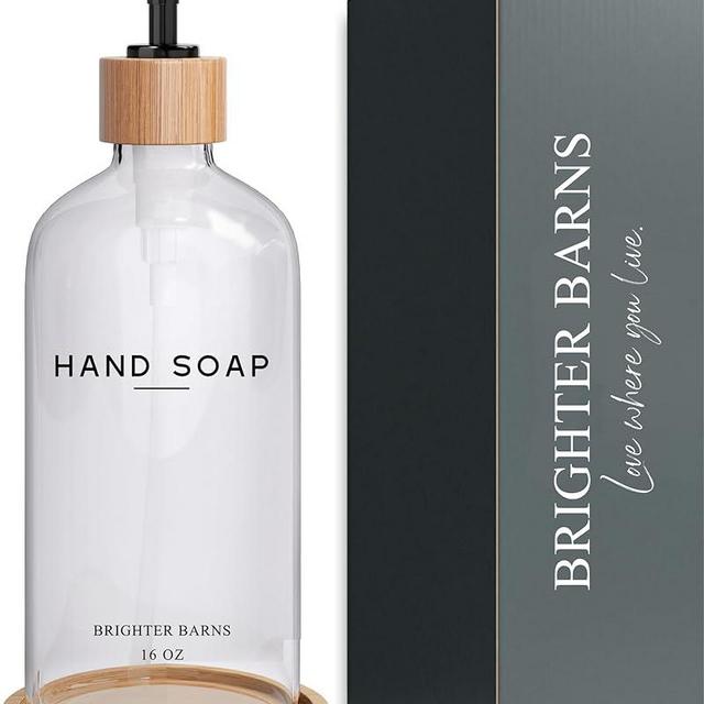 Glass Hand Soap Dispenser Bathroom Set by Brighter Barns - Hand Soap Dispenser for Kitchen Sink & Bathroom - Refillable Pump Bottle Set - Neutral Home Decor for Airbnb, Vacation Rental, Hotel (Clear)