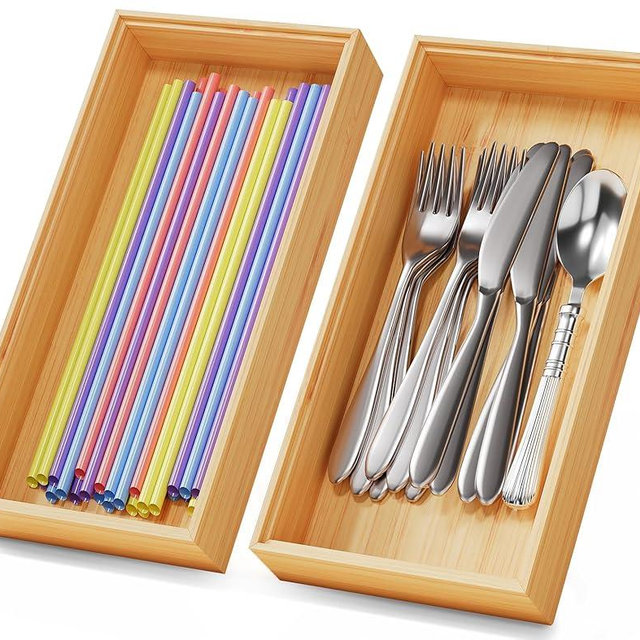 Bamboo Kitchen Drawer Organizer Boxes – 12" x 6" Stackable Wood Silverware Utensil Tray for Drawers Bins, Cutlery & Flatware Storage – Wooden Organizers Set of 2 for Junk Drawer, Bathroom, RV
