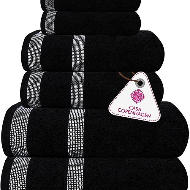 Casa Copenhagen Solitaire Designed in Denmark 600 GSM Hotel & Spa Decorative Kitchen & Bathroom Egyptian Cotton 6 Piece Towel Set, Includes 2 Bath Towels 2 Hand Towels 2 Washcloths – Jet Black