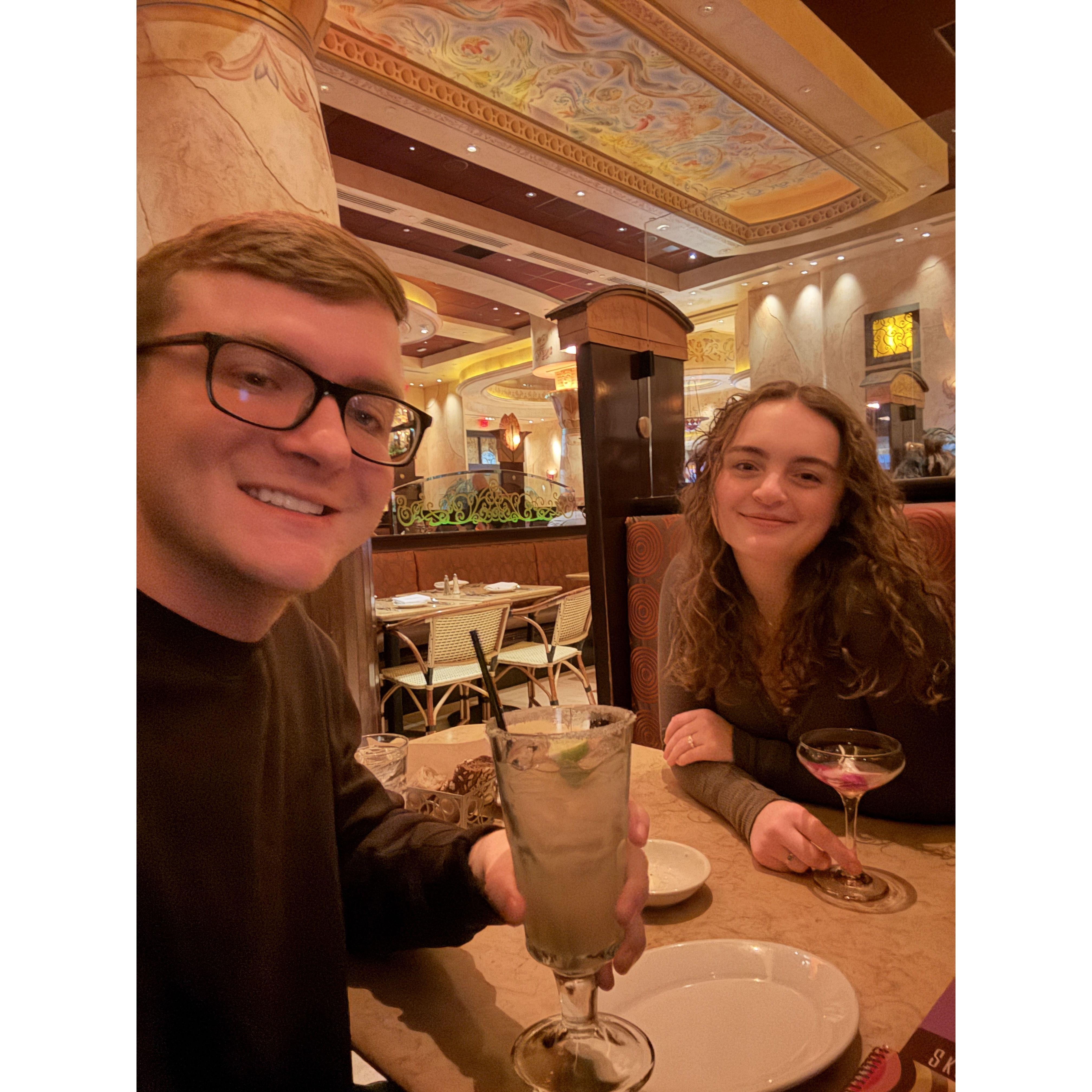 Celebrating Josh's CRNA school acceptance at Cheesecake Factory