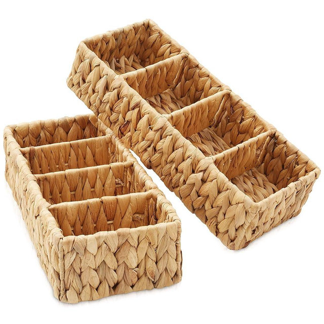 Casafield Set of 2 Water Hyacinth Basket Organizers with 4 Sections, Natural - Woven Storage Bins for Bathroom, Laundry, Pantry, Office, Shelves