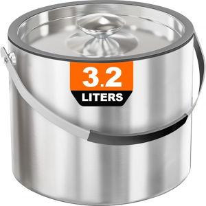 3.2L Insulated Ice Bucket with Silicone Lid, Scoop & Strainer, Double Wall Stainless Steel Ice Bucket for Parties and Cocktail Bar, Upgraded Silicone Cover Keep Ice Frozen Longer